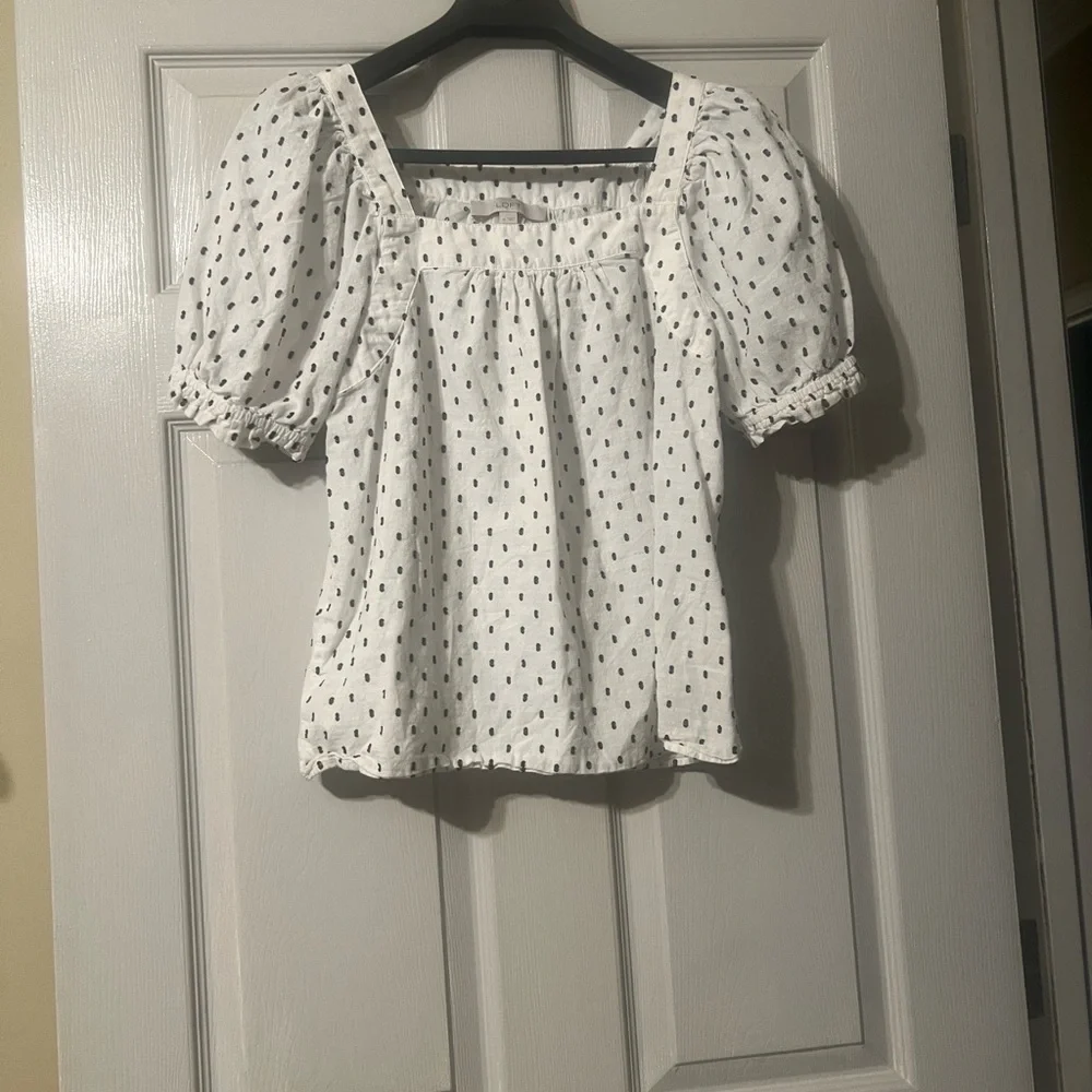 Square Neck Puff Sleeve White Top with Black Dot Print